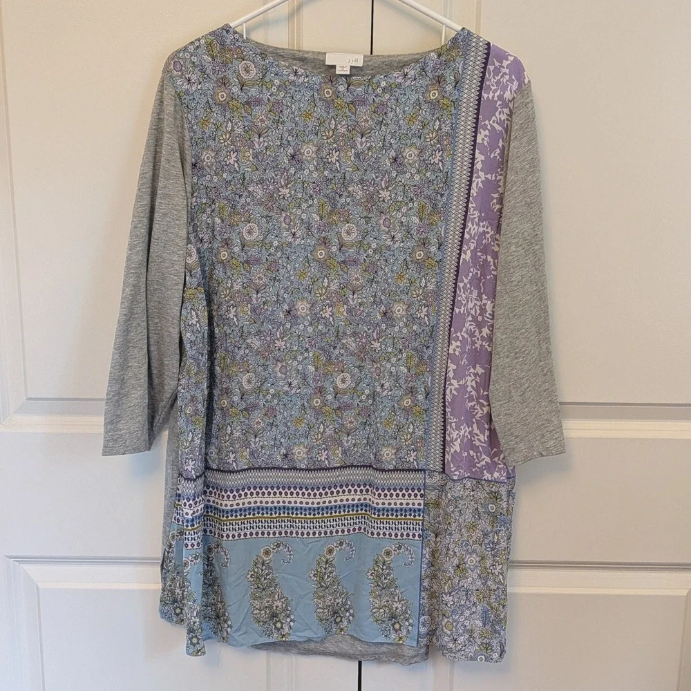 J. Jill Womens Sz 1X Mixed Media Floral Paisley Patchwork Tunic Top Grey 3/4 Slv - Picture 1 of 6